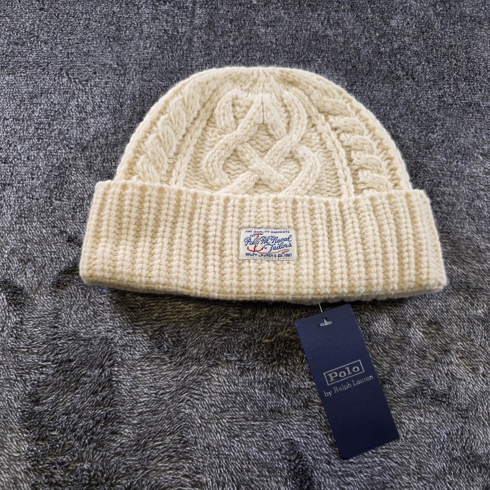 Polo Ralph Lauren Wool Aran Knit Fisherman Beanie Naval Tailors Hat Cream Ivory